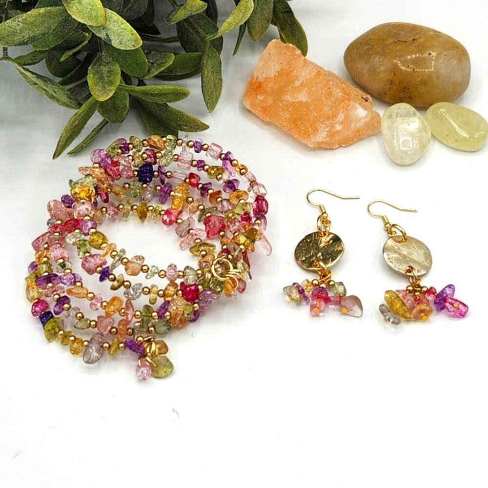 Citrine Pink Glass Stone Beads Memory Wire Bracelet and Earrings Set